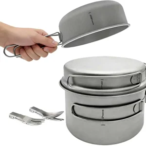 3-in-1 Titanium Cookware Set with Folding Handle, 1400ml Pot and Frying Pan Lid, Lightweight Camping Kitchen Gear for Outdoor Ad